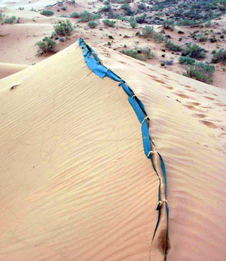 施工在流动沙丘沙脊线上的八字形网笼沙障可牢牢固定住流动沙丘（沙坡头）
